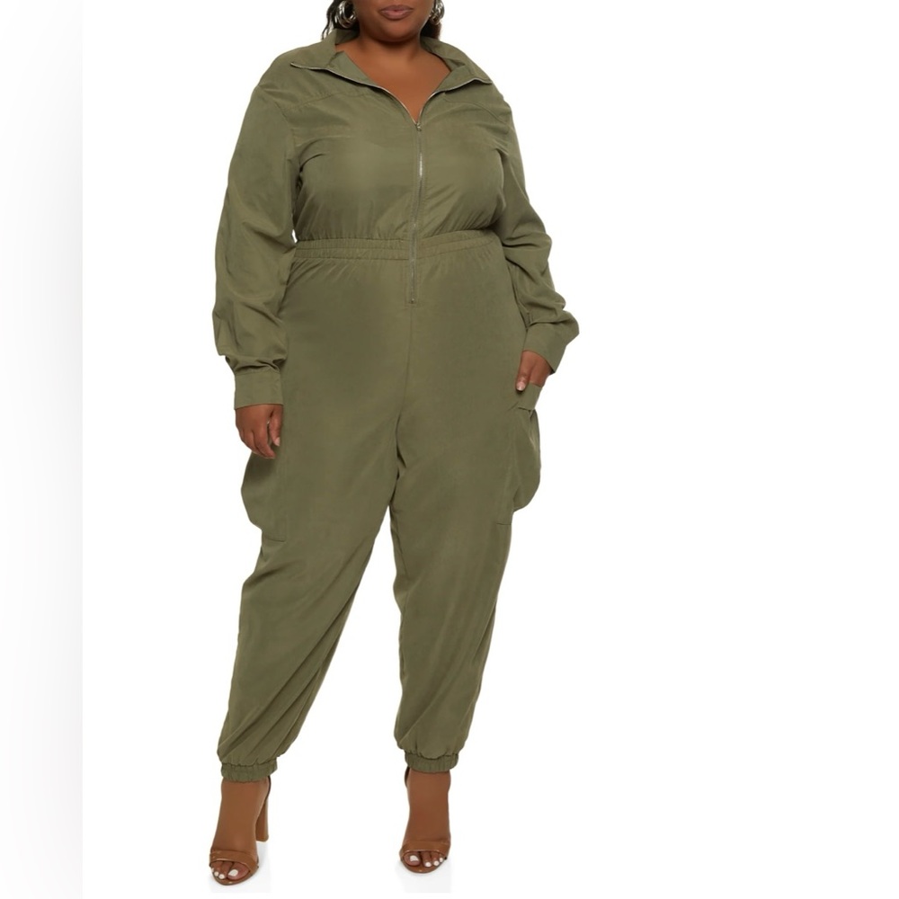 Zip Up Cargo Jumpsuit - Olive